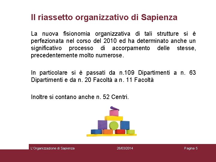 Il riassetto organizzativo di Sapienza La nuova fisionomia organizzativa di tali strutture si è