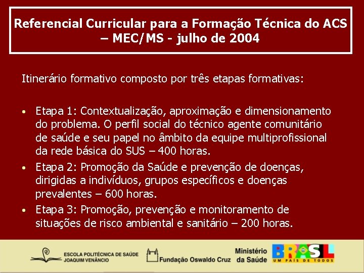 Referencial Curricular para a Formação Técnica do ACS – MEC/MS - julho de 2004