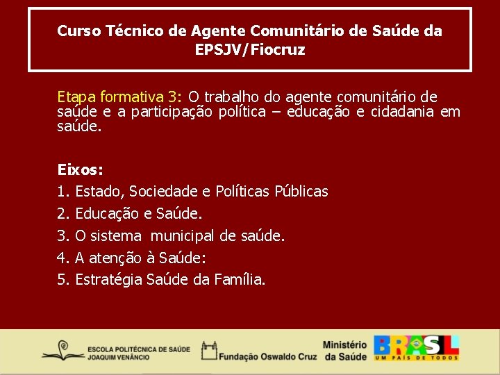 Curso Técnico de Agente Comunitário de Saúde da EPSJV/Fiocruz Etapa formativa 3: O trabalho