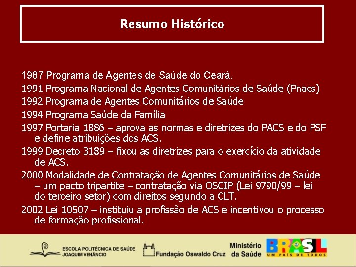 Resumo Histórico 1987 Programa de Agentes de Saúde do Ceará. 1991 Programa Nacional de