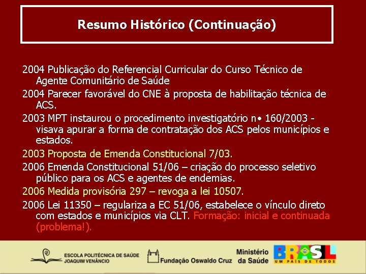 Resumo Histórico (Continuação) 2004 Publicação do Referencial Curricular do Curso Técnico de Agente Comunitário