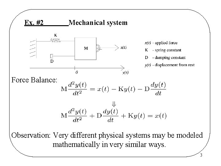 Ex. #2 Mechanical system Force Balance: Observation: Very different physical systems may be modeled Ex. #2 Mechanical system Force Balance: Observation: Very different physical systems may be modeled
