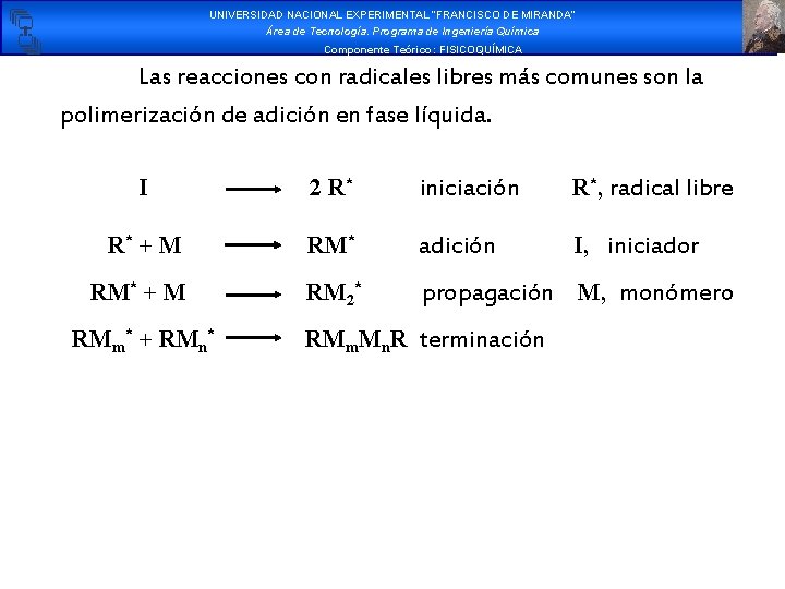 UNIVERSIDAD NACIONAL EXPERIMENTAL “FRANCISCO DE MIRANDA” Área de Tecnología. Programa de Ingeniería Química Componente UNIVERSIDAD NACIONAL EXPERIMENTAL “FRANCISCO DE MIRANDA” Área de Tecnología. Programa de Ingeniería Química Componente