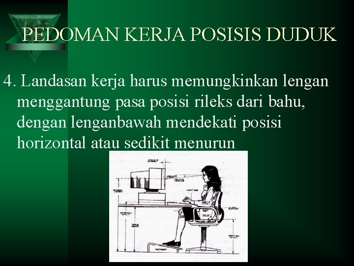 PEDOMAN KERJA POSISIS DUDUK 4. Landasan kerja harus memungkinkan lengan menggantung pasa posisi rileks