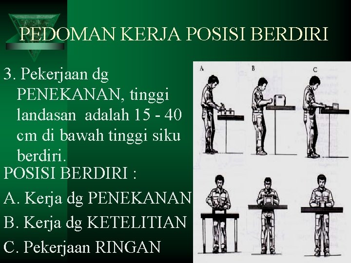 PEDOMAN KERJA POSISI BERDIRI 3. Pekerjaan dg PENEKANAN, tinggi landasan adalah 15 - 40