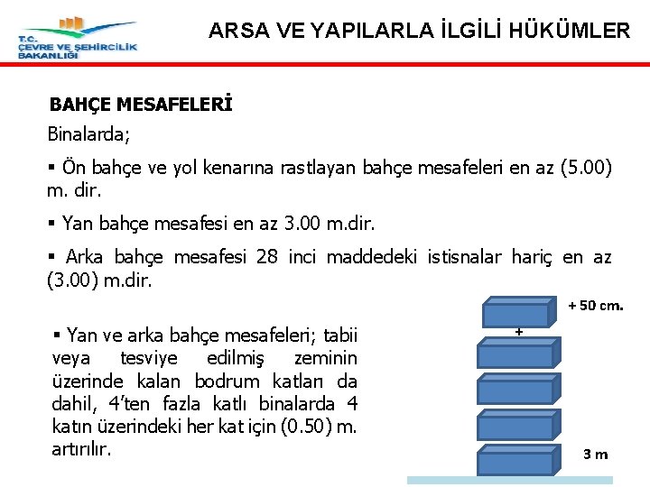 ARSA VE YAPILARLA İLGİLİ HÜKÜMLER BAHÇE MESAFELERİ Binalarda; § Ön bahçe ve yol kenarına