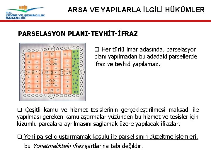 ARSA VE YAPILARLA İLGİLİ HÜKÜMLER PARSELASYON PLANI-TEVHİT-İFRAZ Madde 19 – Parselasyon Planı-Tevhit-İfraz q Her