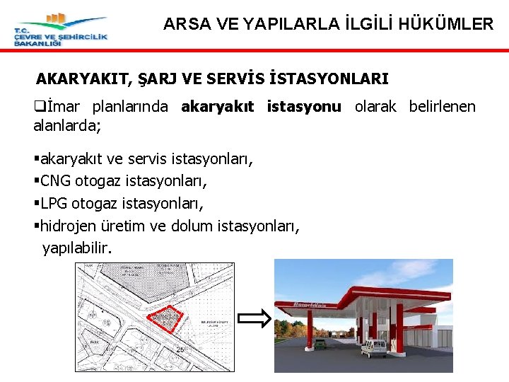 ARSA VE YAPILARLA İLGİLİ HÜKÜMLER AKARYAKIT, ŞARJ VE SERVİS İSTASYONLARI qİmar planlarında akaryakıt istasyonu