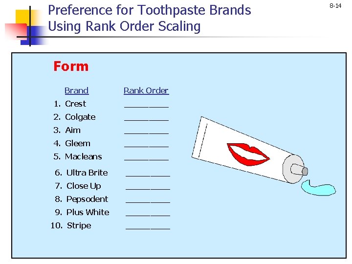 Preference for Toothpaste Brands Using Rank Order Scaling Form Brand Rank Order 1. Crest Preference for Toothpaste Brands Using Rank Order Scaling Form Brand Rank Order 1. Crest
