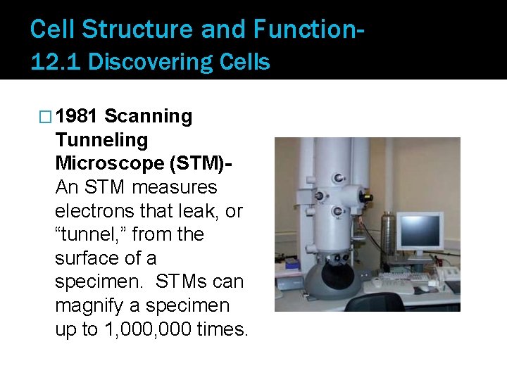 Cell Structure and Function 12. 1 Discovering Cells � 1981 Scanning Tunneling Microscope (STM)An