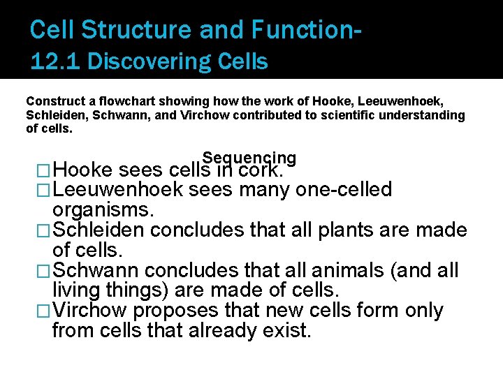 Cell Structure and Function 12. 1 Discovering Cells Construct a flowchart showing how the