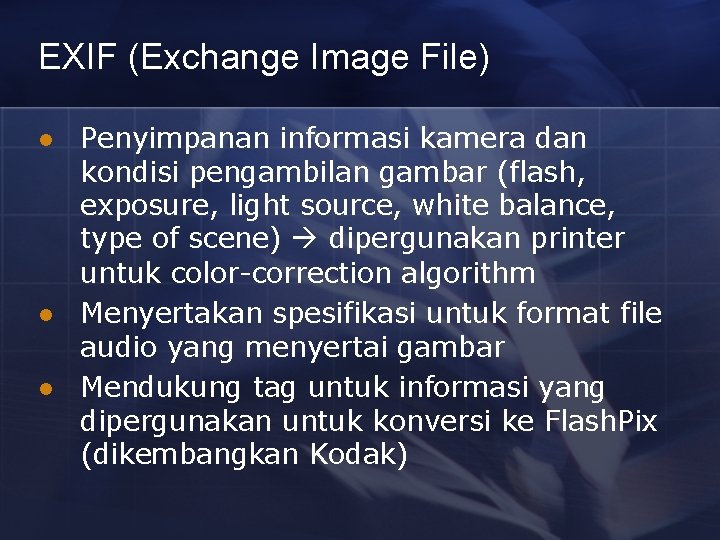 EXIF (Exchange Image File) l l l Penyimpanan informasi kamera dan kondisi pengambilan gambar