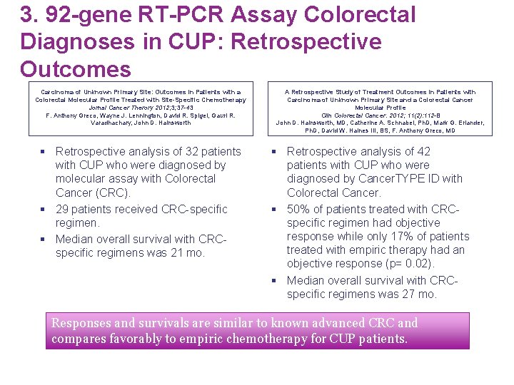 3. 92 -gene RT-PCR Assay Colorectal Diagnoses in CUP: Retrospective Outcomes Carcinoma of Unknown