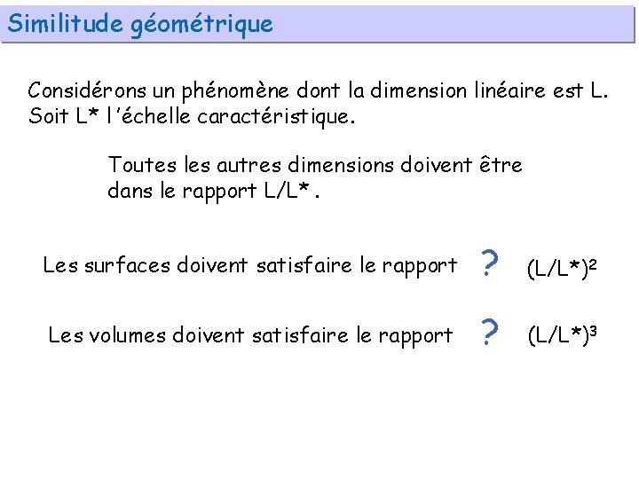 Similitude géométrique Considérons un phénomène dont la dimension linéaire est L. Soit L* l