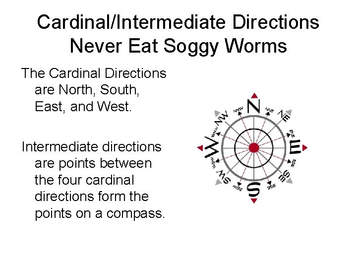 Cardinal/Intermediate Directions Never Eat Soggy Worms The Cardinal Directions are North, South, East, and Cardinal/Intermediate Directions Never Eat Soggy Worms The Cardinal Directions are North, South, East, and