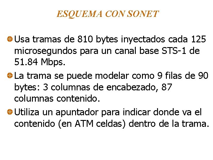 ESQUEMA CON SONET Usa tramas de 810 bytes inyectados cada 125 microsegundos para un