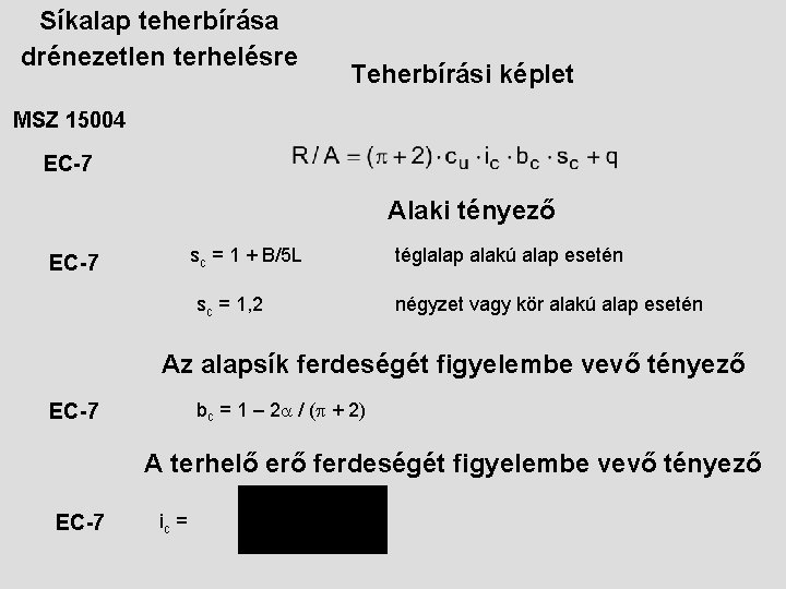 Síkalap teherbírása drénezetlen terhelésre Teherbírási képlet MSZ 15004 EC-7 Alaki tényező sc = 1