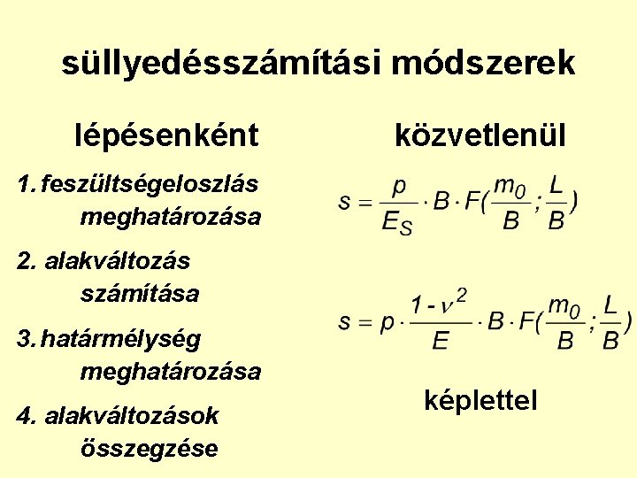 süllyedésszámítási módszerek lépésenként közvetlenül 1. feszültségeloszlás meghatározása 2. alakváltozás számítása 3. határmélység meghatározása 4.