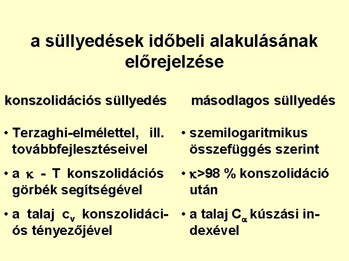 a süllyedések időbeli alakulásának előrejelzése konszolidációs süllyedés másodlagos süllyedés • Terzaghi-elmélettel, ill. továbbfejlesztéseivel •