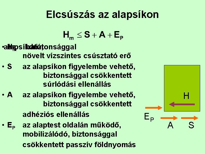 Elcsúszás az alapsíkon • alapsíkon H azm ható, biztonsággal növelt vízszintes csúsztató erő •