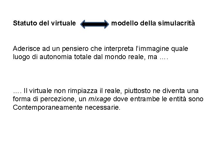 Statuto del virtuale modello della simulacrità Aderisce ad un pensiero che interpreta l’immagine quale