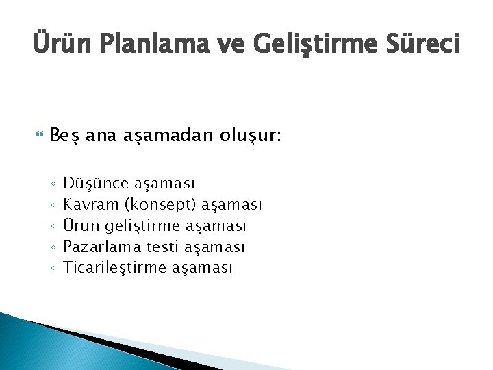 Ürün Planlama ve Geliştirme Süreci Beş ana aşamadan oluşur: ◦ ◦ ◦ Düşünce aşaması