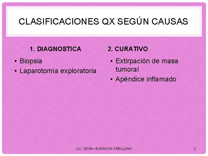 CLASIFICACIONES QX SEGÚN CAUSAS 1. DIAGNOSTICA • Biopsia • Laparotomía exploratoria 2. CURATIVO •