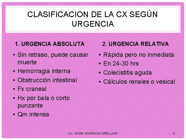 CLASIFICACION DE LA CX SEGÚN URGENCIA 1. URGENCIA ABSOLUTA • Sin retraso, puede causar