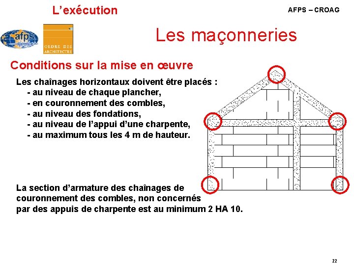 L’exécution AFPS – CROAG Les maçonneries Conditions sur la mise en œuvre Les chaînages L’exécution AFPS – CROAG Les maçonneries Conditions sur la mise en œuvre Les chaînages