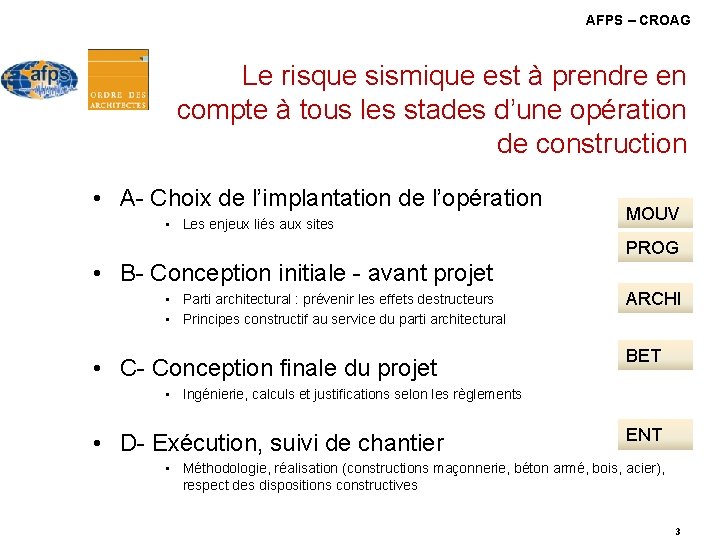 AFPS – CROAG Le risque sismique est à prendre en compte à tous les AFPS – CROAG Le risque sismique est à prendre en compte à tous les