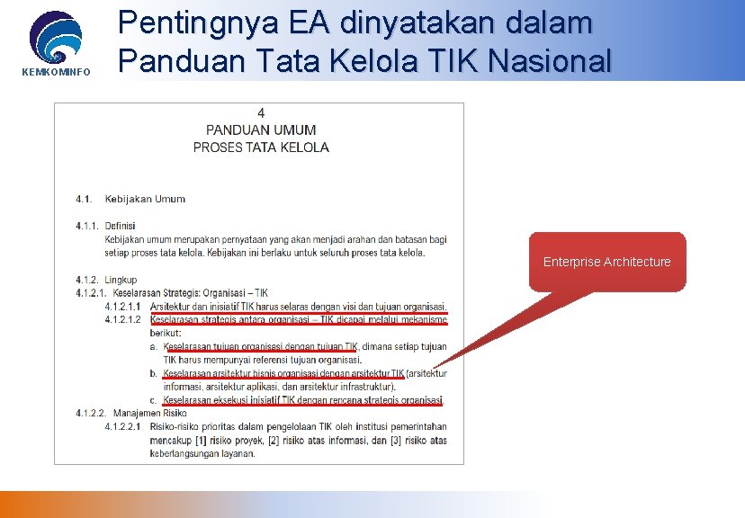 KEMKOMINFO Pentingnya EA dinyatakan dalam Panduan Tata Kelola TIK Nasional Enterprise Architecture 