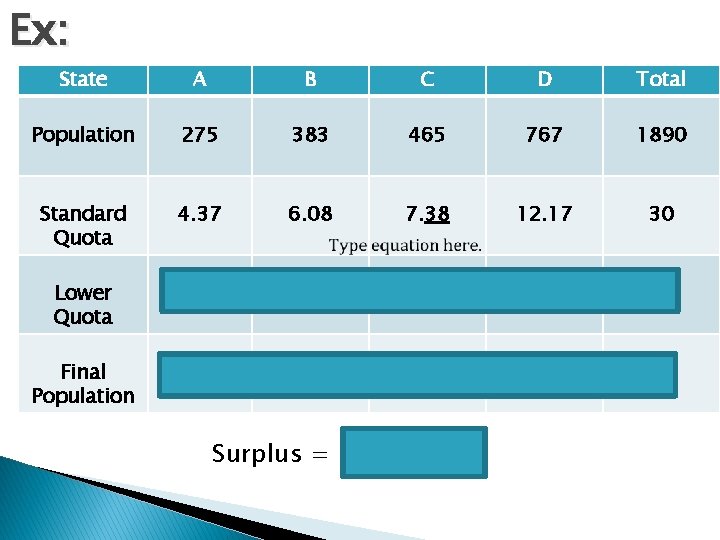 Ex: State A B C D Total Population 275 383 465 767 1890 Standard