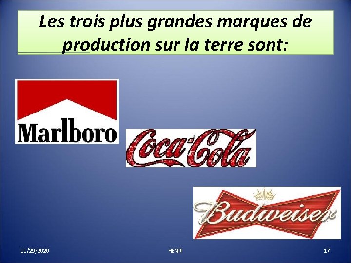 Les trois plus grandes marques de production sur la terre sont: 11/29/2020 HENRI 17