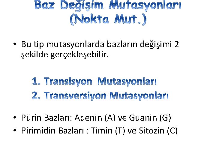  • Bu tip mutasyonlarda bazların değişimi 2 şekilde gerçekleşebilir. • Pürin Bazları: Adenin