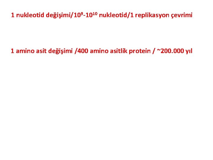 1 nukleotid değişimi/109 -1010 nukleotid/1 replikasyon çevrimi 1 amino asit değişimi /400 amino asitlik