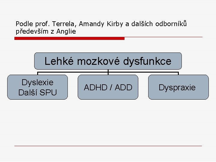 Podle prof. Terrela, Amandy Kirby a dalších odborníků především z Anglie Lehké mozkové dysfunkce