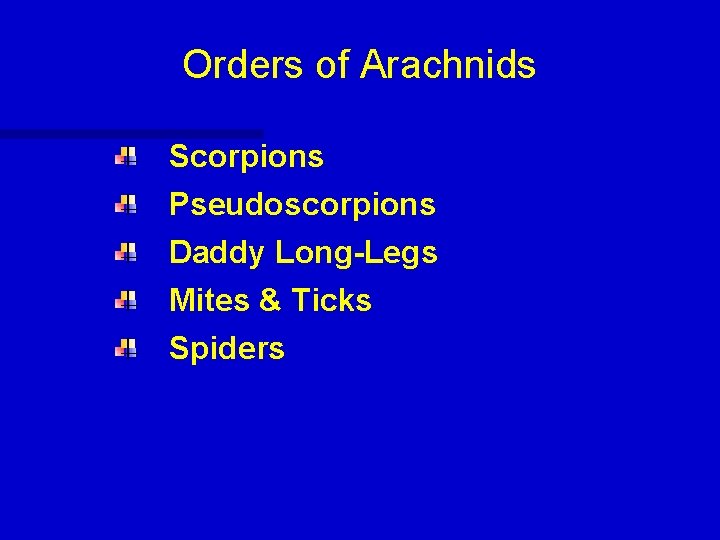 Orders of Arachnids Scorpions Pseudoscorpions Daddy Long-Legs Mites & Ticks Spiders 