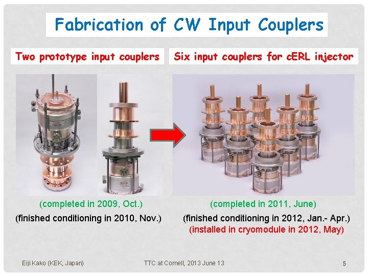 Fabrication of CW Input Couplers Two prototype input couplers (completed in 2009, Oct. )