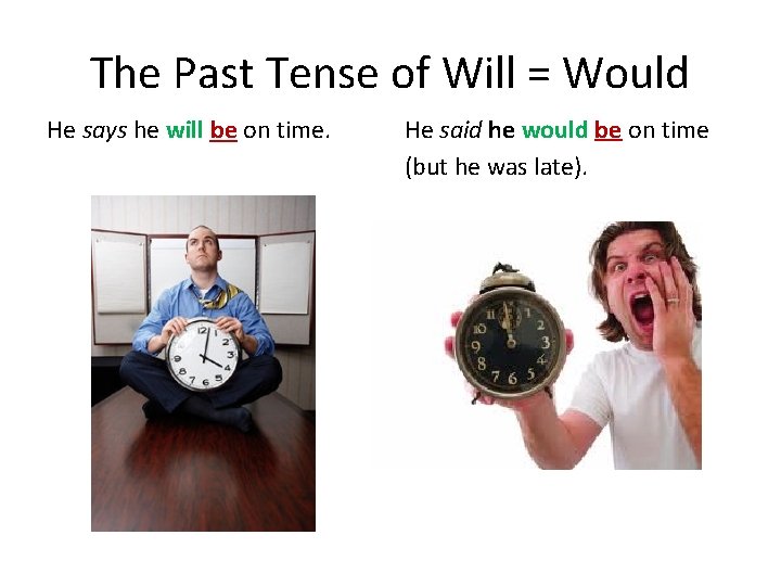 The Past Tense of Will = Would He says he will be on time. The Past Tense of Will = Would He says he will be on time.