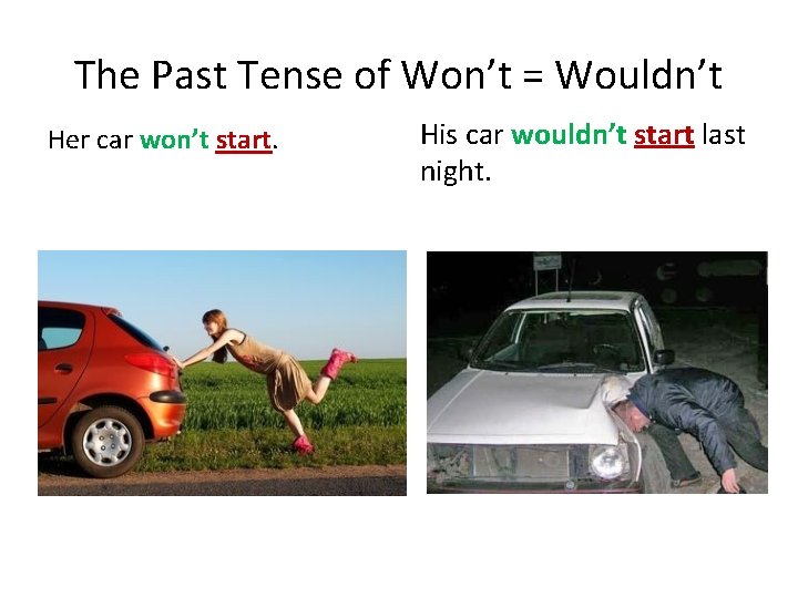 The Past Tense of Won’t = Wouldn’t Her car won’t start. His car wouldn’t The Past Tense of Won’t = Wouldn’t Her car won’t start. His car wouldn’t