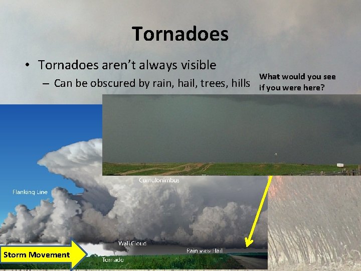 Tornadoes • Tornadoes aren’t always visible – Can be obscured by rain, hail, trees,