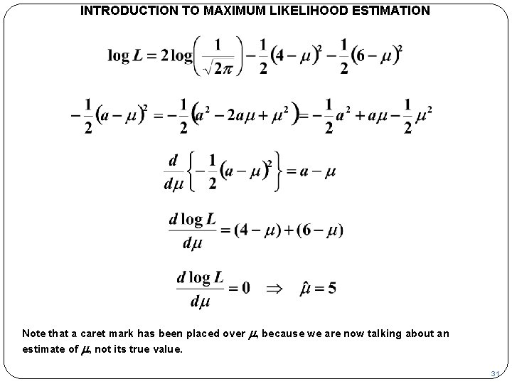 INTRODUCTION TO MAXIMUM LIKELIHOOD ESTIMATION Note that a caret mark has been placed over