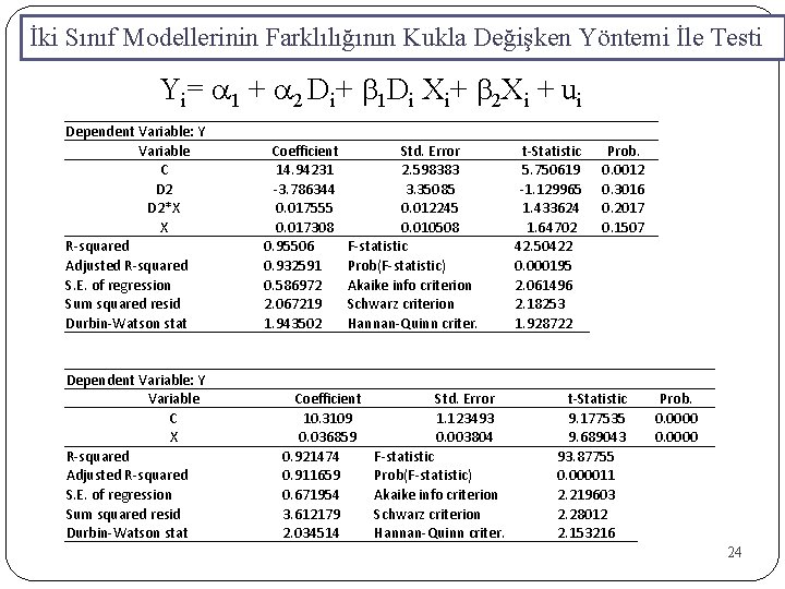 İki Sınıf Modellerinin Farklılığının Kukla Değişken Yöntemi İle Testi Yi= a 1 + a