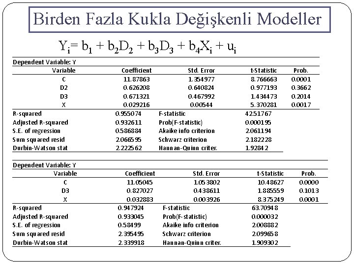 Birden Fazla Kukla Değişkenli Modeller Yi= b 1 + b 2 D 2 +