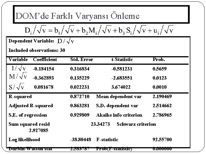 DOM’de Farklı Varyansı Önleme Dependent Variable: Included observations: 30 Variable Coefficient Std. Error t-Statistic
