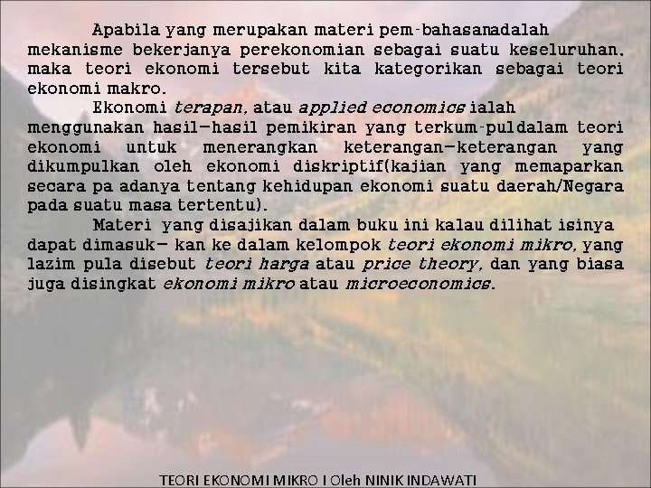 Apabila yang merupakan materi pem bahasanadalah mekanisme bekerjanya perekonomian sebagai suatu keseluruhan, maka teori