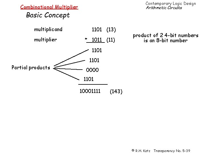 Contemporary Logic Design Arithmetic Circuits Combinational Multiplier Basic Concept multiplicand multiplier 1101 (13) *