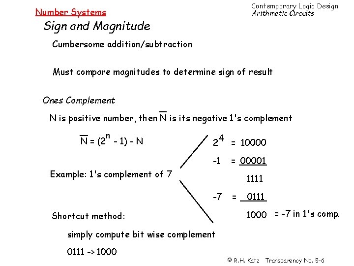 Contemporary Logic Design Arithmetic Circuits Number Systems Sign and Magnitude Cumbersome addition/subtraction Must compare