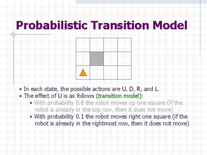 Probabilistic Transition Model • In each state, the possible actions are U, D, R,