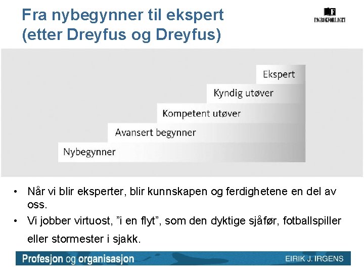 Fra nybegynner til ekspert (etter Dreyfus og Dreyfus) • Når vi blir eksperter, blir Fra nybegynner til ekspert (etter Dreyfus og Dreyfus) • Når vi blir eksperter, blir